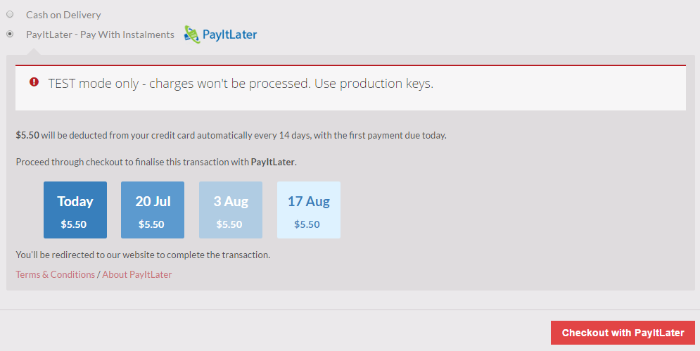Payment options in a store that uses Test keys